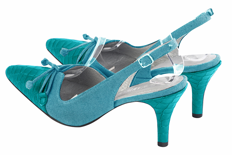 Turquoise blue women's open back shoes, with a knot. Tapered toe. High slim heel. Rear view - Florence KOOIJMAN